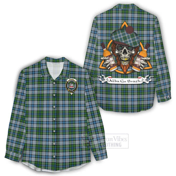 Tartan Vibes Clothing MacNeil (McNeil) Tartan Women's Casual Shirt with Family Crest and Bearded Skull Holding Bottles of Whiskey
