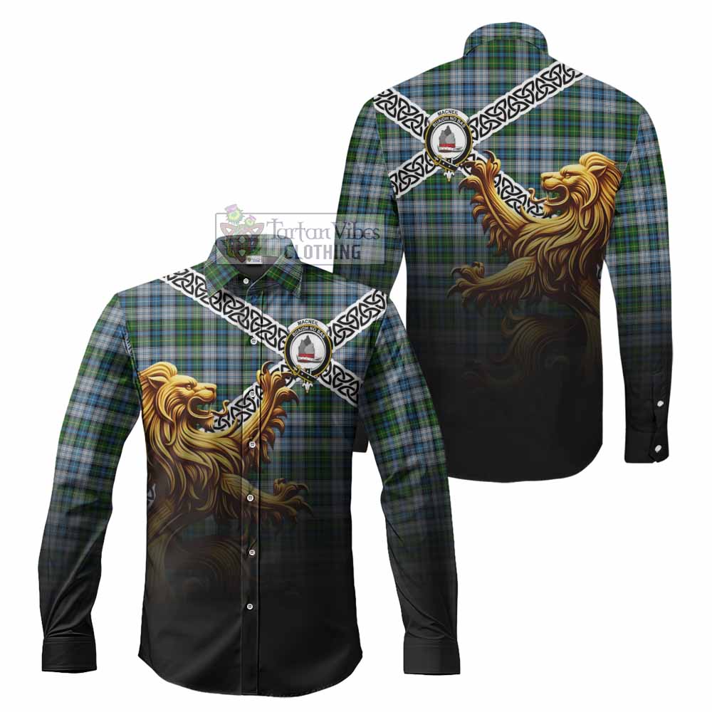 Tartan Vibes Clothing MacNeil (McNeil) Crest Tartan Long Sleeve Button Shirt with Golden Lion Emblem Celtic Style
