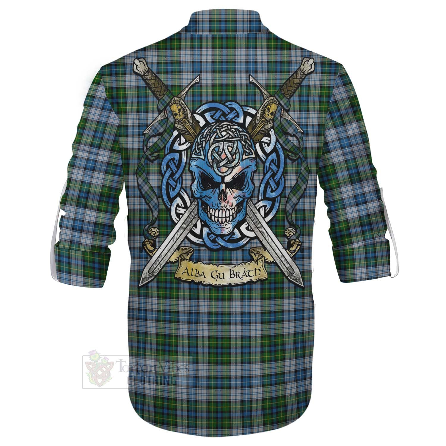 Tartan Vibes Clothing MacNeil (McNeil) Tartan Ghillie Kilt Shirt with Family Crest Celtic Skull Style