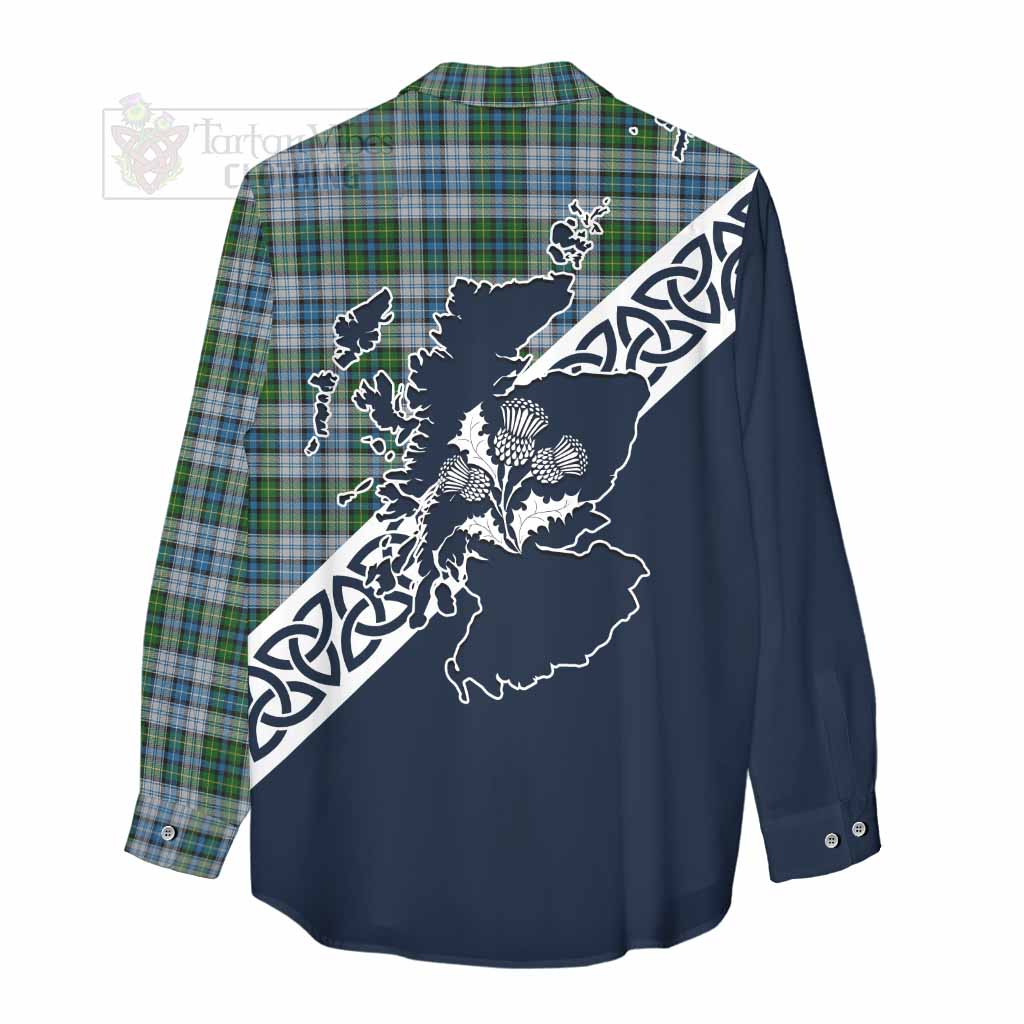 Tartan Vibes Clothing MacNeil (McNeil) Tartan Women's Casual Shirt Featuring Thistle and Scotland Map