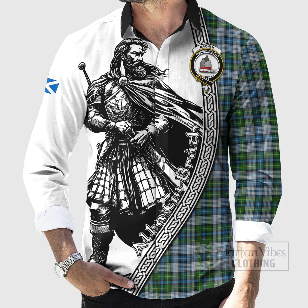 Tartan Vibes Clothing MacNeil (McNeil) Tartan Clan Crest Long Sleeve Button Shirt with Highlander Warrior Celtic Style