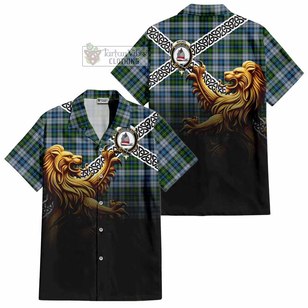 Tartan Vibes Clothing MacNeil (McNeil) Crest Tartan Short Sleeve Button Shirt with Golden Lion Emblem Celtic Style