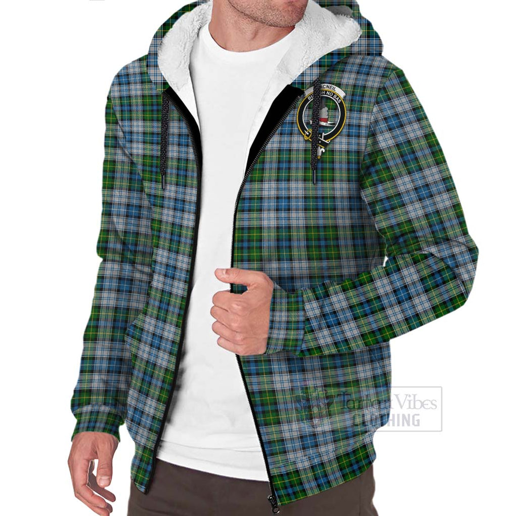 Tartan Vibes Clothing MacNeil (McNeil) Tartan Sherpa Hoodie with Family Crest and Bearded Skull Holding Bottles of Whiskey