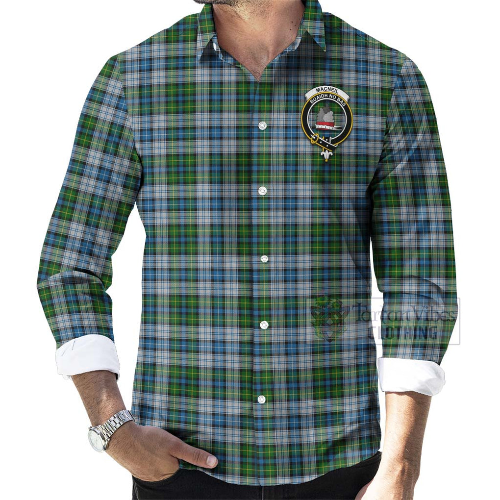 Tartan Vibes Clothing MacNeil (McNeil) Tartan Long Sleeve Button Shirt with Family Crest and Bearded Skull Holding Bottles of Whiskey