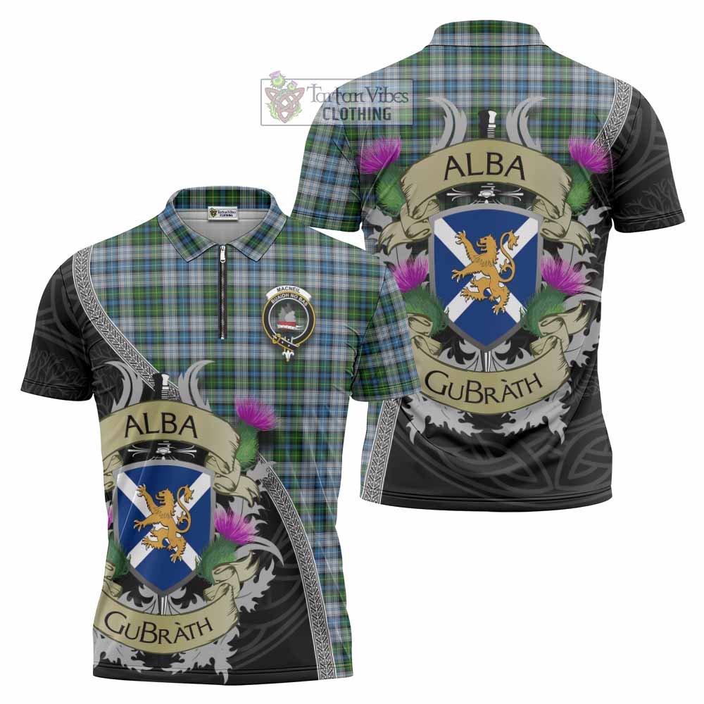 Tartan Vibes Clothing MacNeil (McNeil) Tartan Family Crest Zipper Polo Shirt Lion Rampant Royal Thistle Shield Celtic Inspired