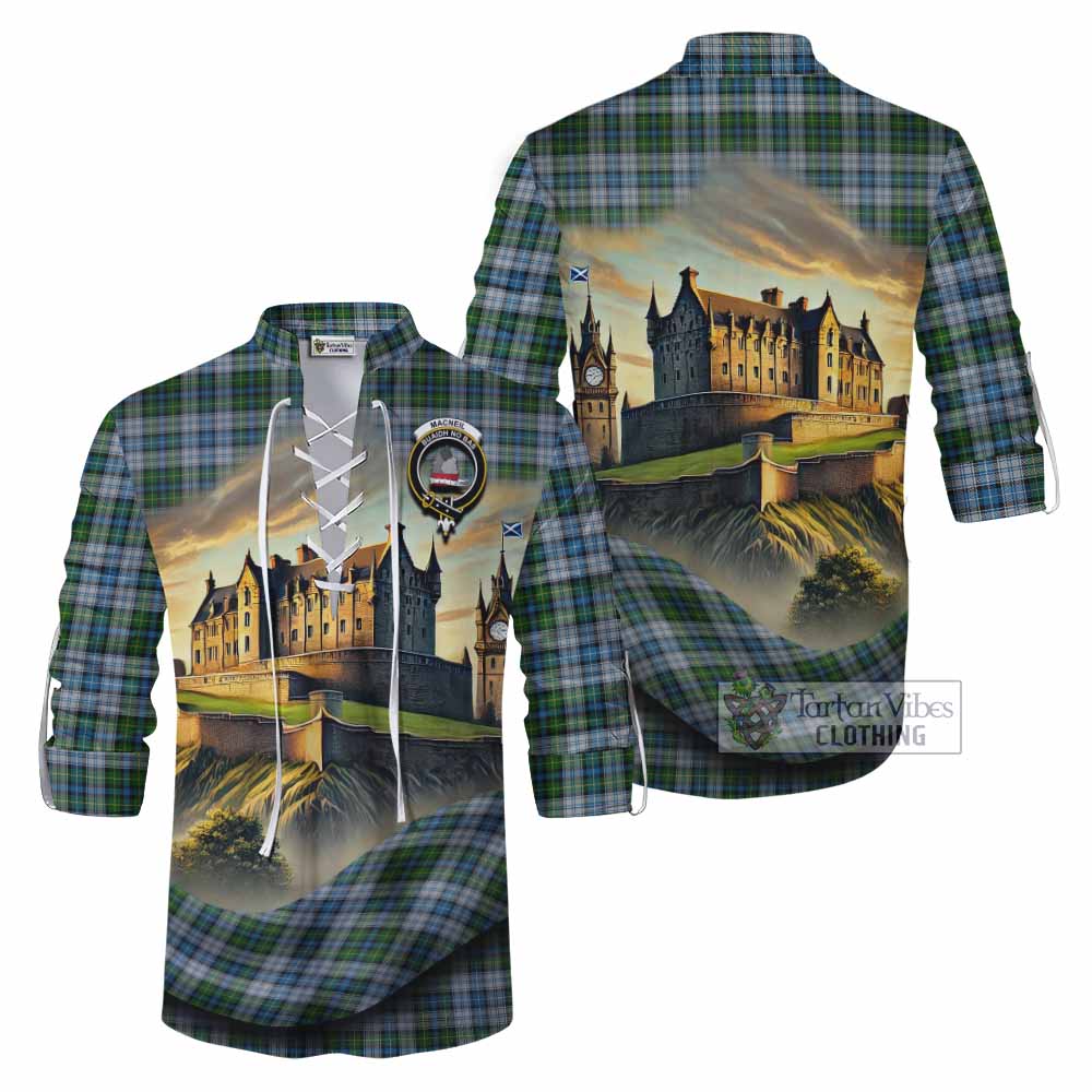 Tartan Vibes Clothing MacNeil (McNeil) Tartan Family Crest Ghillie Kilt Shirt with Scottish Ancient Castle Style