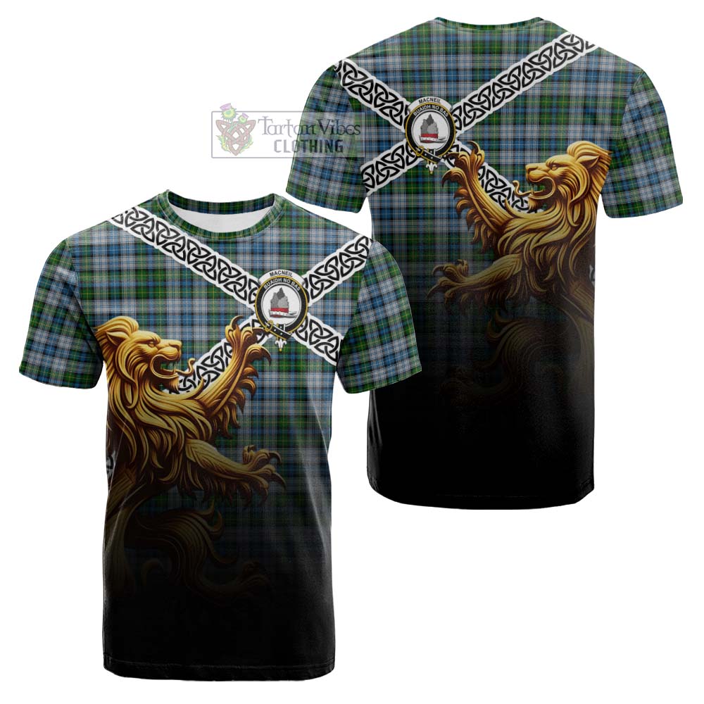 Tartan Vibes Clothing MacNeil (McNeil) Crest Tartan Cotton T-shirt with Golden Lion Emblem Celtic Style