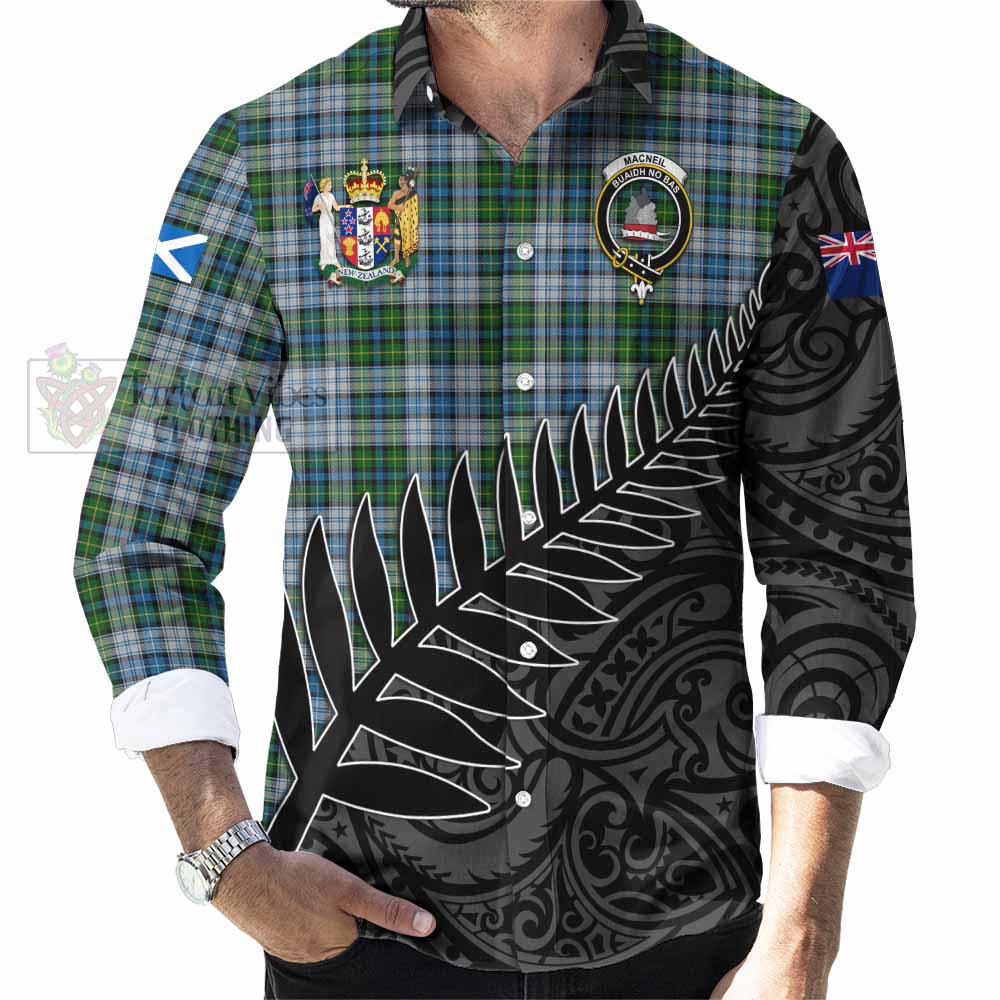 Tartan Vibes Clothing MacNeil (McNeil) Crest Tartan Long Sleeve Button Shirt with New Zealand Silver Fern Half Style