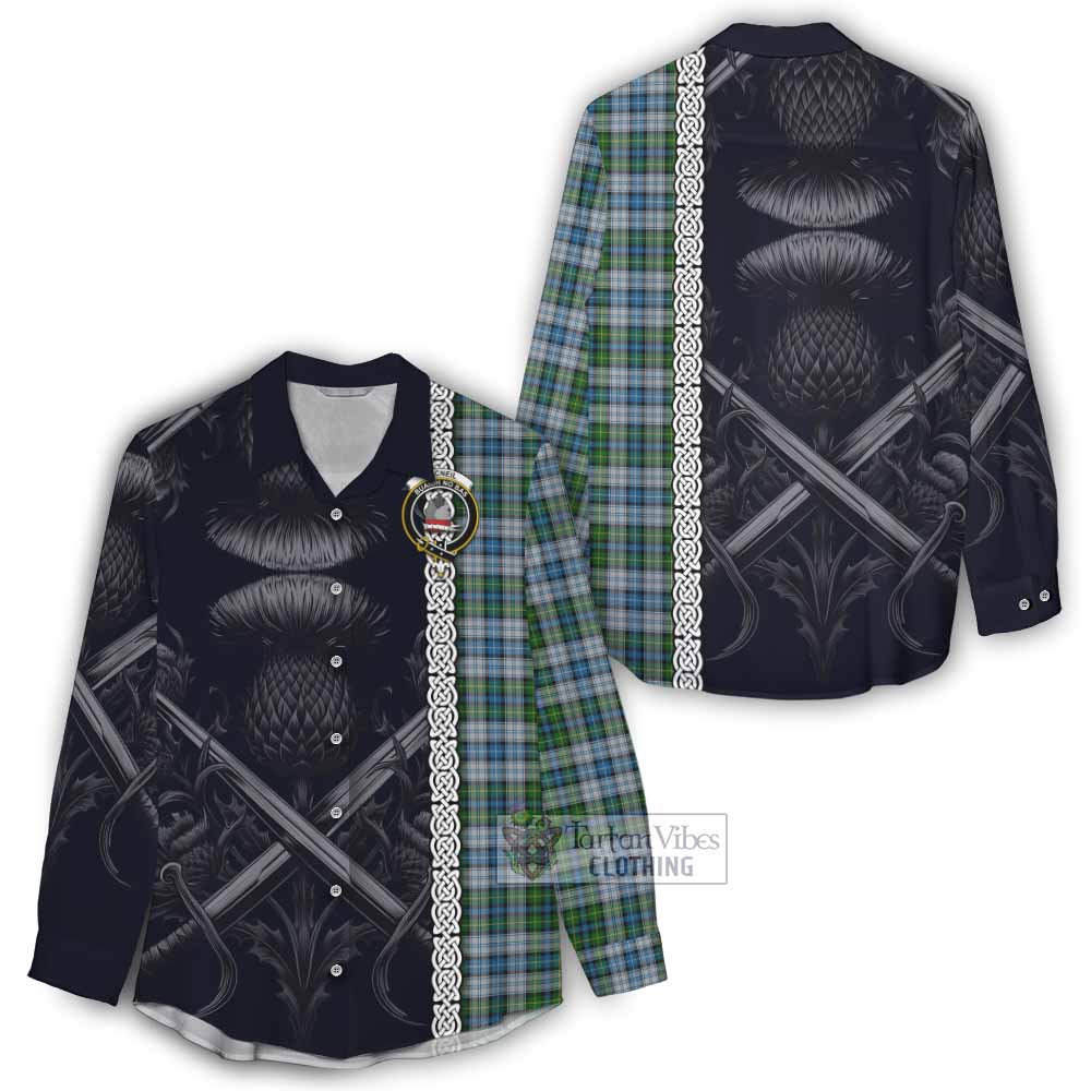 Tartan Vibes Clothing MacNeil (McNeil) Tartan Women's Casual Shirt with Family Crest Cross Sword Thistle Celtic Vibes