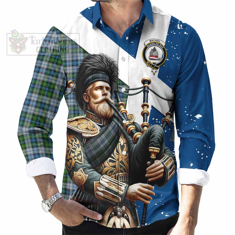Tartan Vibes Clothing MacNeil (McNeil) Tartan Long Sleeve Button Shirt with Family Crest Scottish Bagpiper Vibes