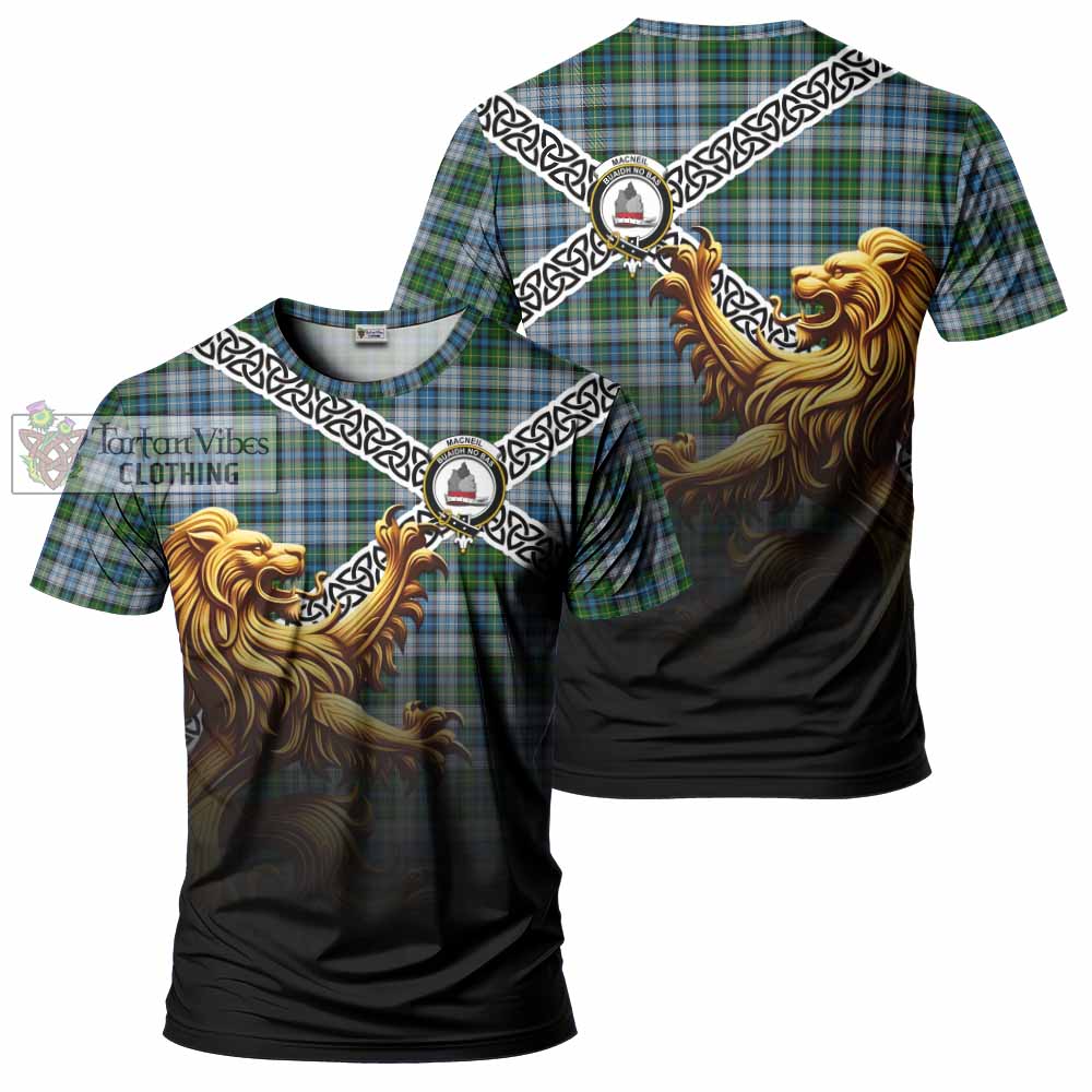 Tartan Vibes Clothing MacNeil (McNeil) Crest Tartan T-Shirt with Golden Lion Emblem Celtic Style