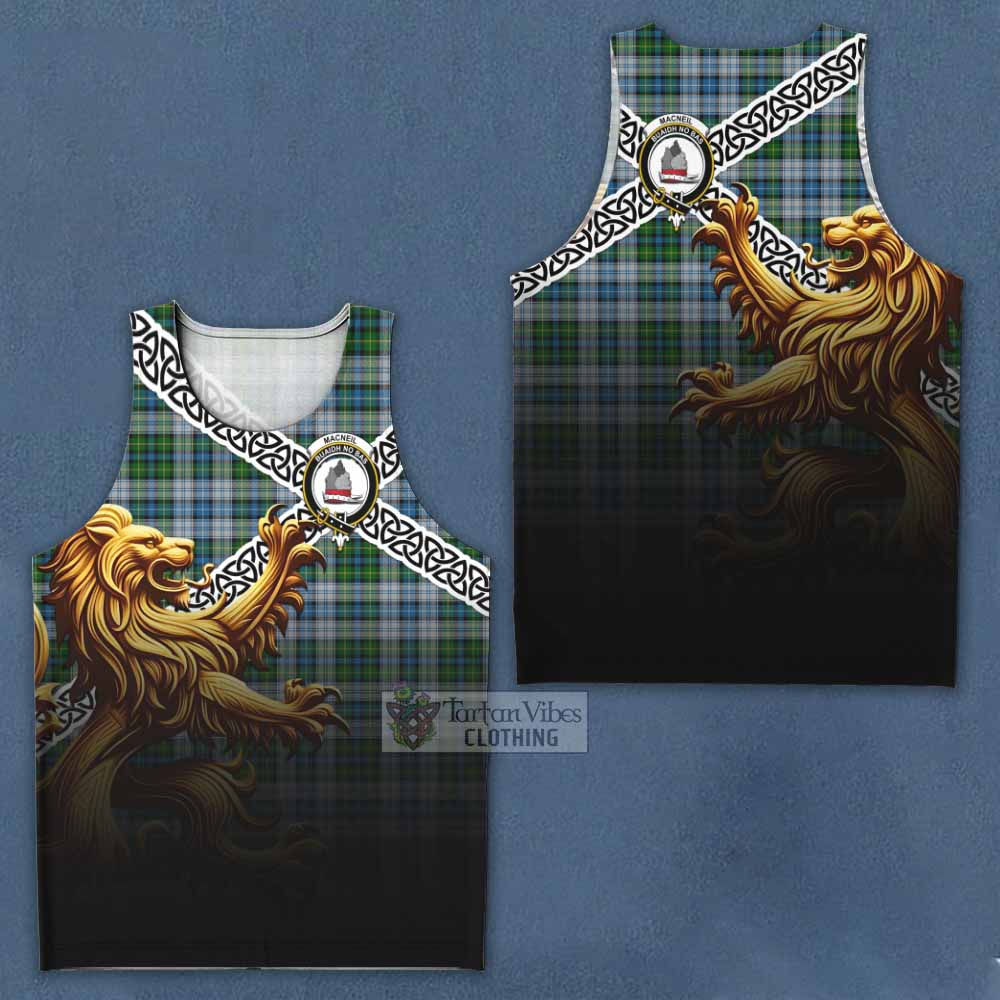 Tartan Vibes Clothing MacNeil (McNeil) Crest Tartan Men's Tank Top with Golden Lion Emblem Celtic Style