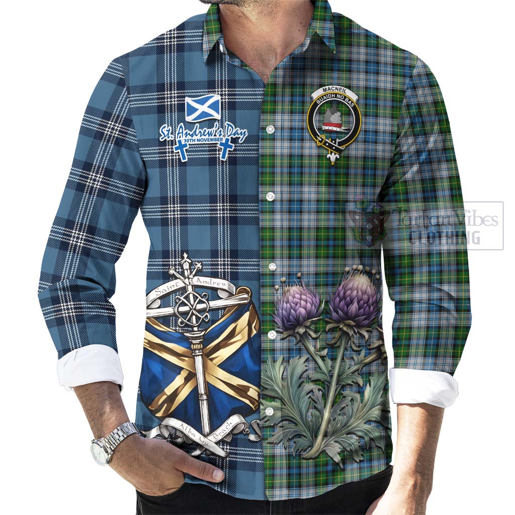 Tartan Vibes Clothing MacNeil (McNeil) Tartan Long Sleeve Button Shirt Happy St. Andrew's Day Half Tartan Style
