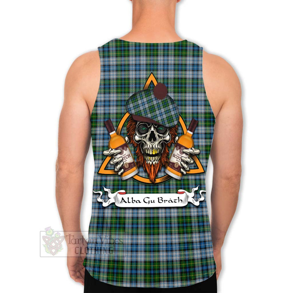 Tartan Vibes Clothing MacNeil (McNeil) Tartan Men's Tank Top with Family Crest and Bearded Skull Holding Bottles of Whiskey