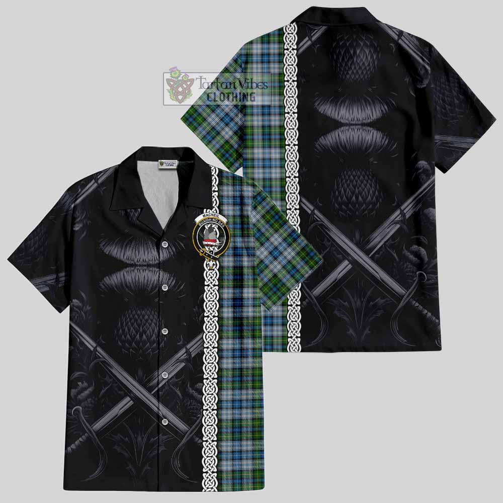 Tartan Vibes Clothing MacNeil (McNeil) Tartan Short Sleeve Button Shirt with Family Crest Cross Sword Thistle Celtic Vibes