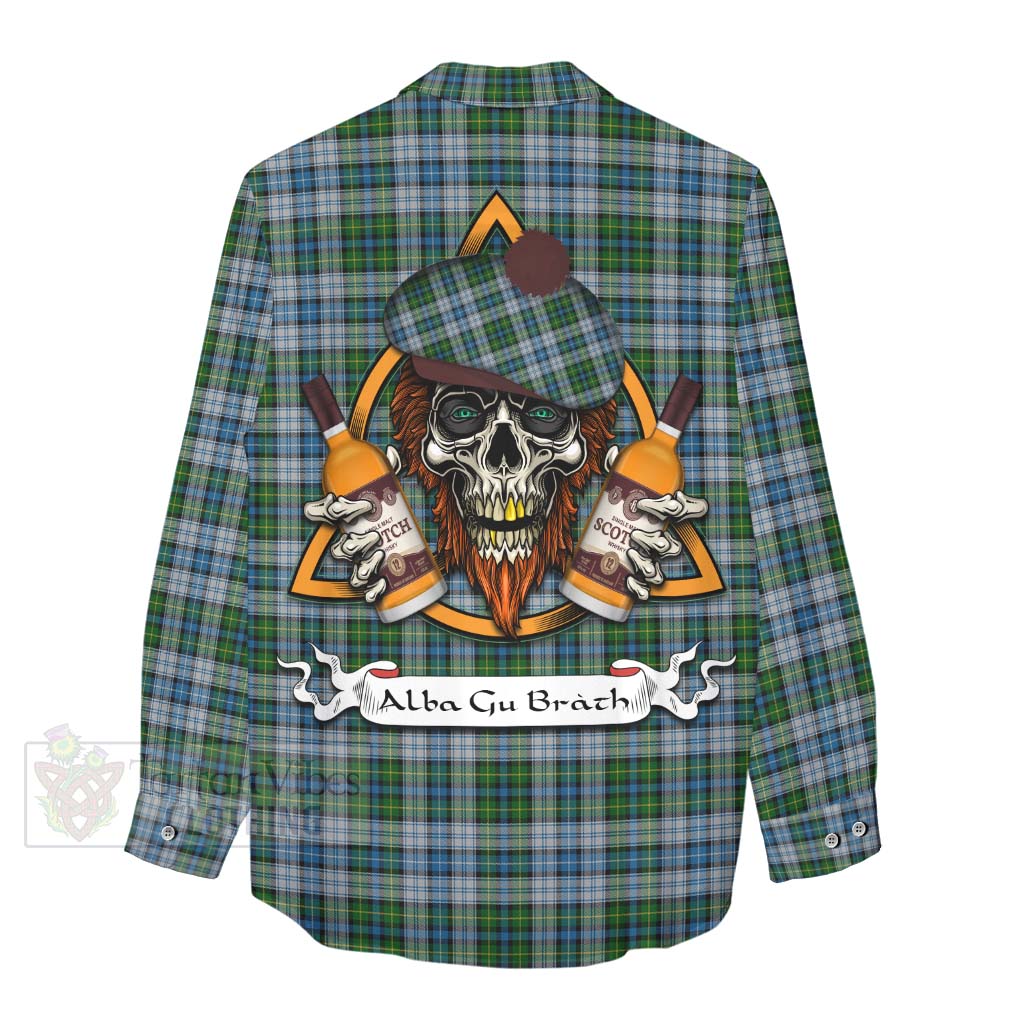 Tartan Vibes Clothing MacNeil (McNeil) Tartan Women's Casual Shirt with Family Crest and Bearded Skull Holding Bottles of Whiskey