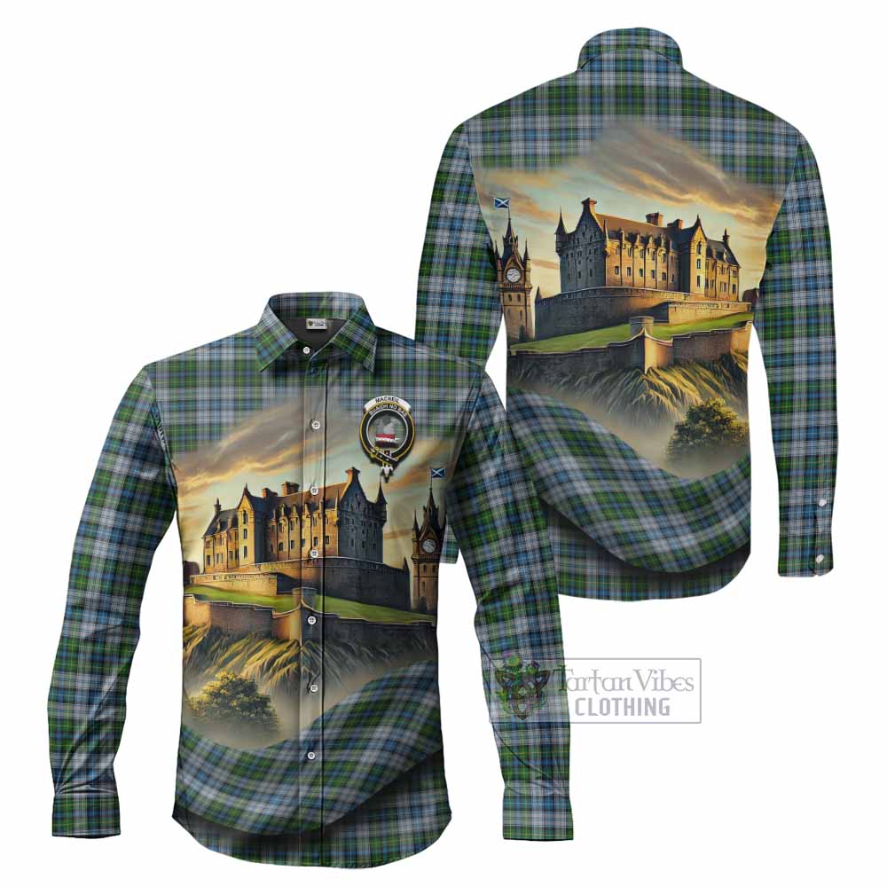 Tartan Vibes Clothing MacNeil (McNeil) Tartan Family Crest Long Sleeve Button Shirt with Scottish Ancient Castle Style