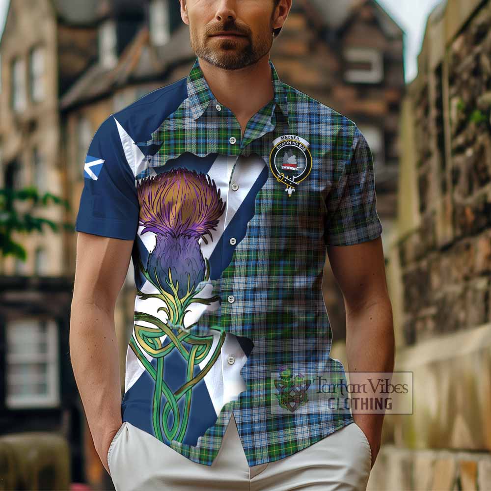 Tartan Vibes Clothing MacNeil (McNeil) Tartan Family Crest Short Sleeve Button Shirt Scottish Thistle Celtic Inspired