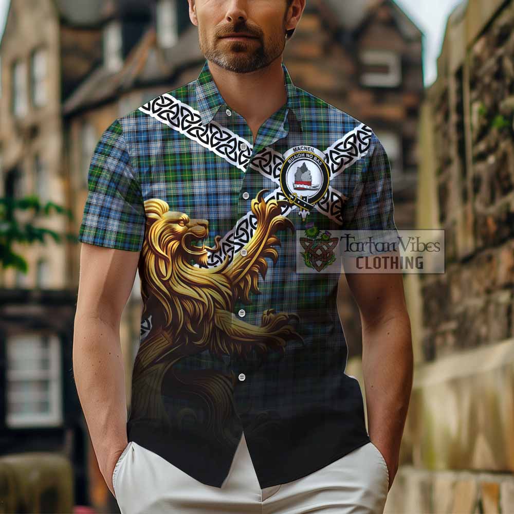 Tartan Vibes Clothing MacNeil (McNeil) Crest Tartan Short Sleeve Button Shirt with Golden Lion Emblem Celtic Style