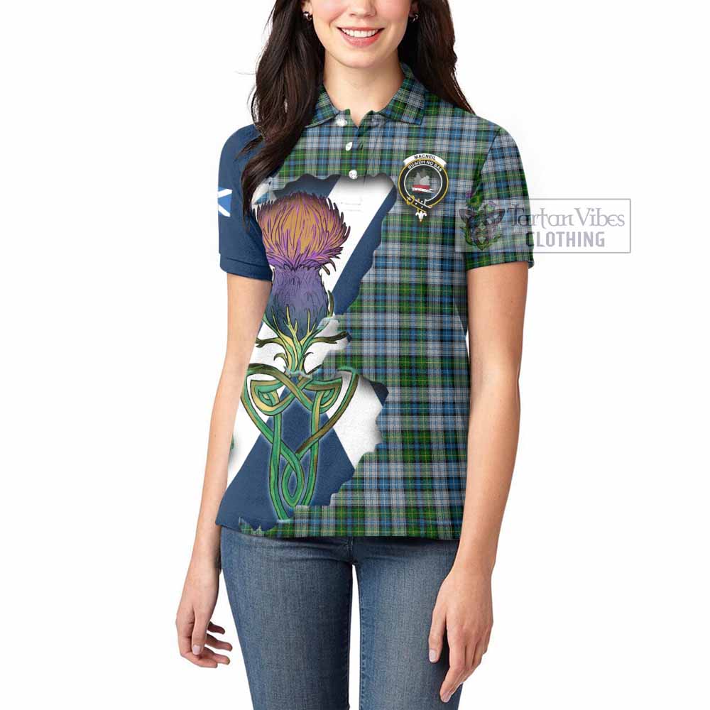 Tartan Vibes Clothing MacNeil (McNeil) Tartan Family Crest Women's Polo Shirt Scottish Thistle Celtic Inspired