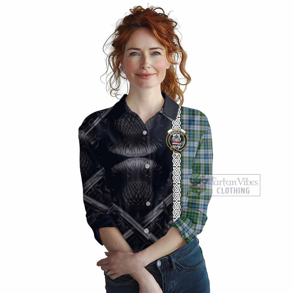 Tartan Vibes Clothing MacNeil (McNeil) Tartan Women's Casual Shirt with Family Crest Cross Sword Thistle Celtic Vibes