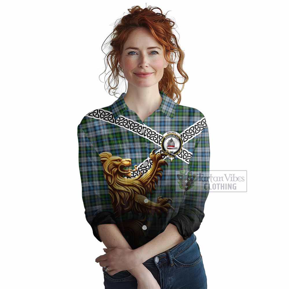 Tartan Vibes Clothing MacNeil (McNeil) Crest Tartan Women's Casual Shirt with Golden Lion Emblem Celtic Style