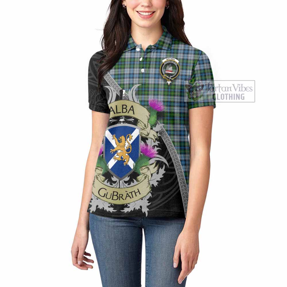 Tartan Vibes Clothing MacNeil (McNeil) Tartan Family Crest Women's Polo Shirt Lion Rampant Royal Thistle Shield Celtic Inspired