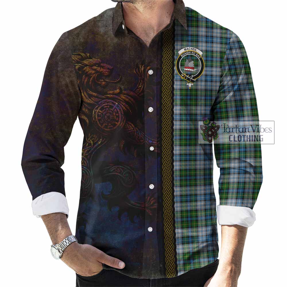 Tartan Vibes Clothing MacNeil (McNeil) Tartan Family Crest Long Sleeve Button Shirt Alba Gu Brath Be Brave Lion Ancient Style