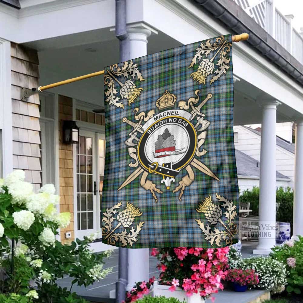Tartan Vibes Clothing MacNeil (McNeil) Tartan Flag with Family Crest and Golden Thistle Crossed Sword Design