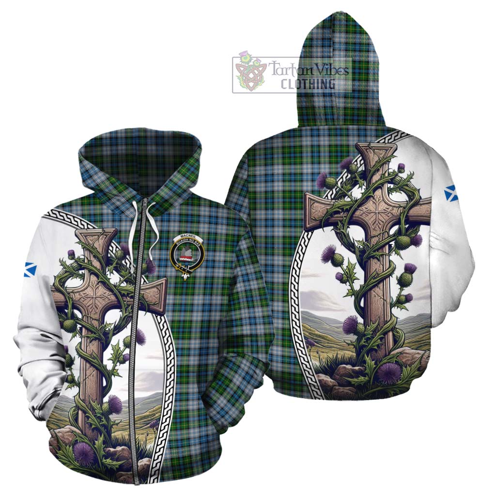 Tartan Vibes Clothing MacNeil (McNeil) Tartan Cotton Hoodie with Family Crest and St. Andrew's Cross Accented by Thistle Vines