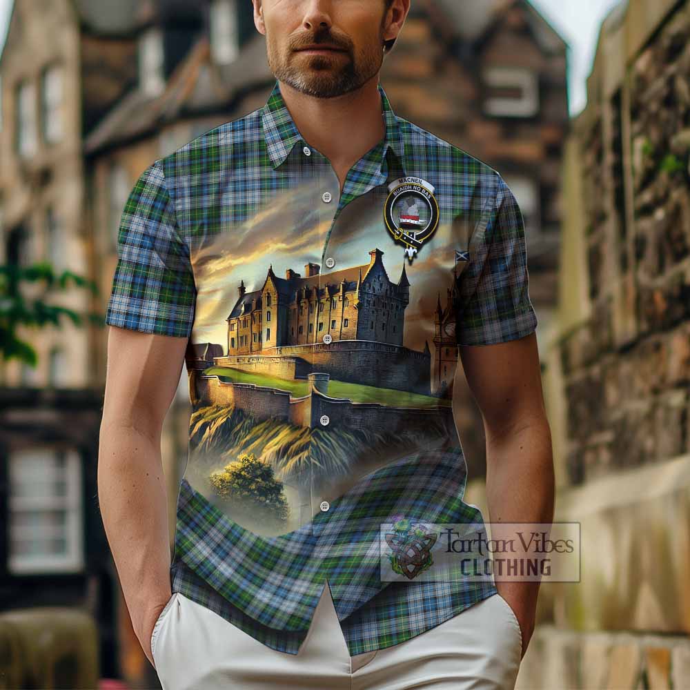 Tartan Vibes Clothing MacNeil (McNeil) Tartan Family Crest Short Sleeve Button Shirt with Scottish Ancient Castle Style