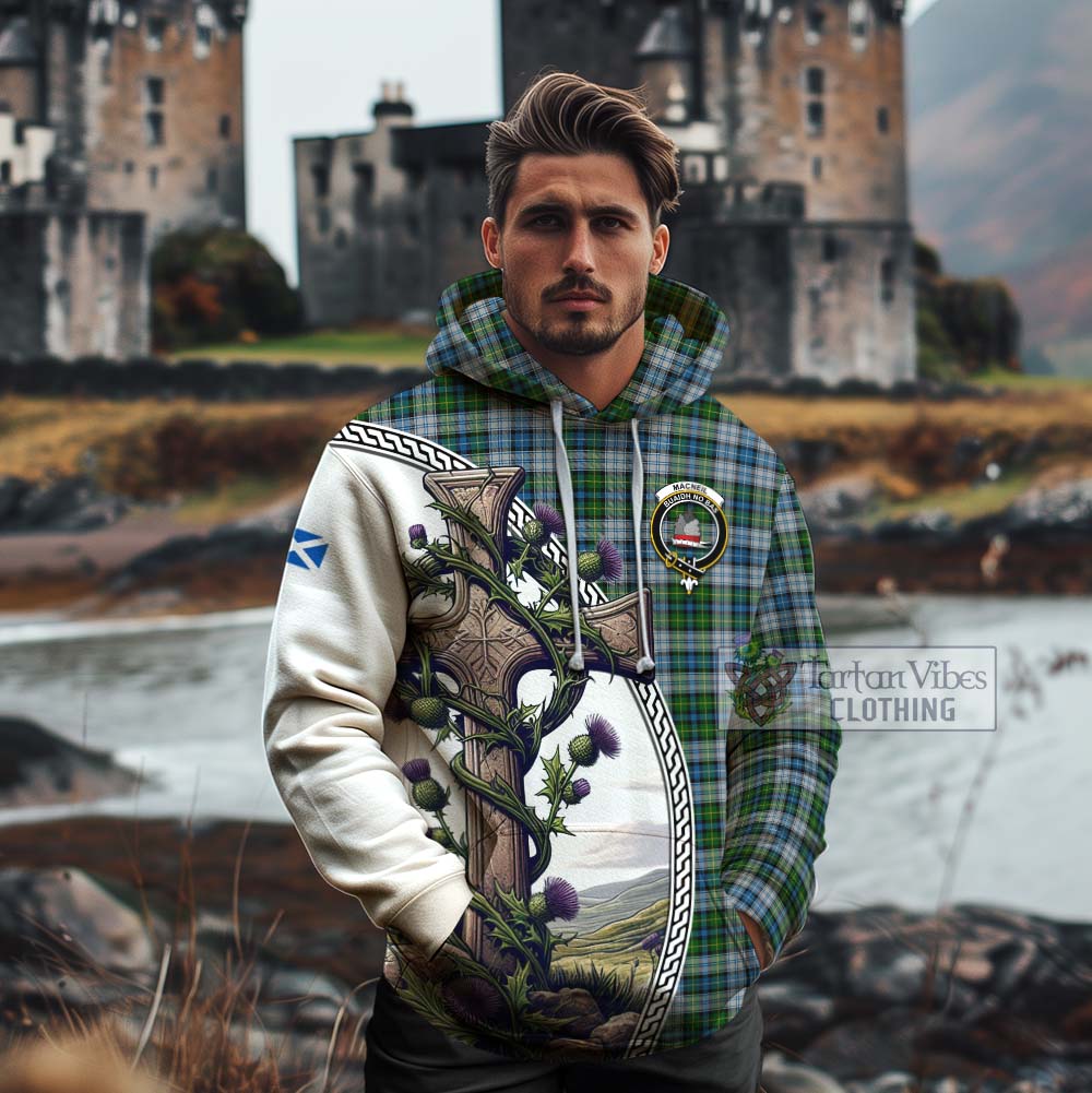 Tartan Vibes Clothing MacNeil (McNeil) Tartan Cotton Hoodie with Family Crest and St. Andrew's Cross Accented by Thistle Vines