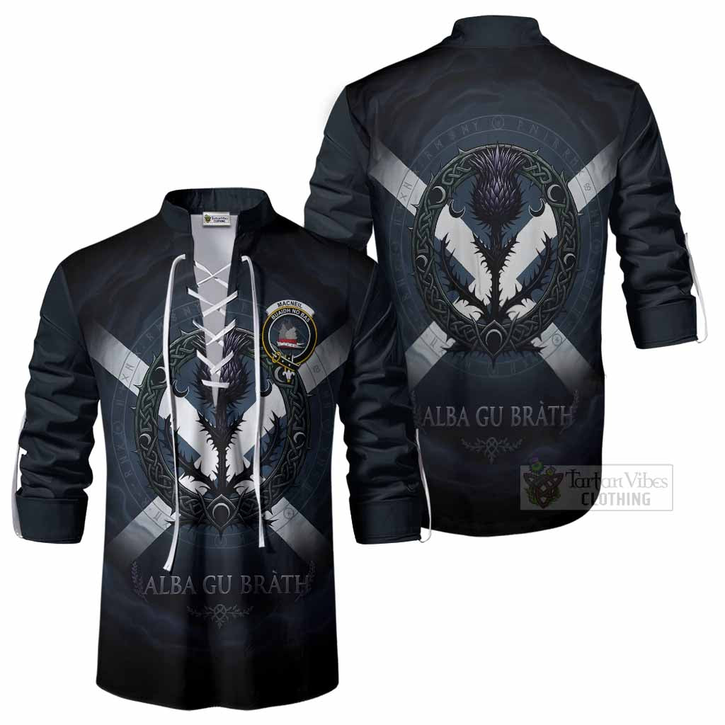 MacNeil (McNeil) Clan Crest Ghillie Shirt with Celtic Knot Thistle and Saltire