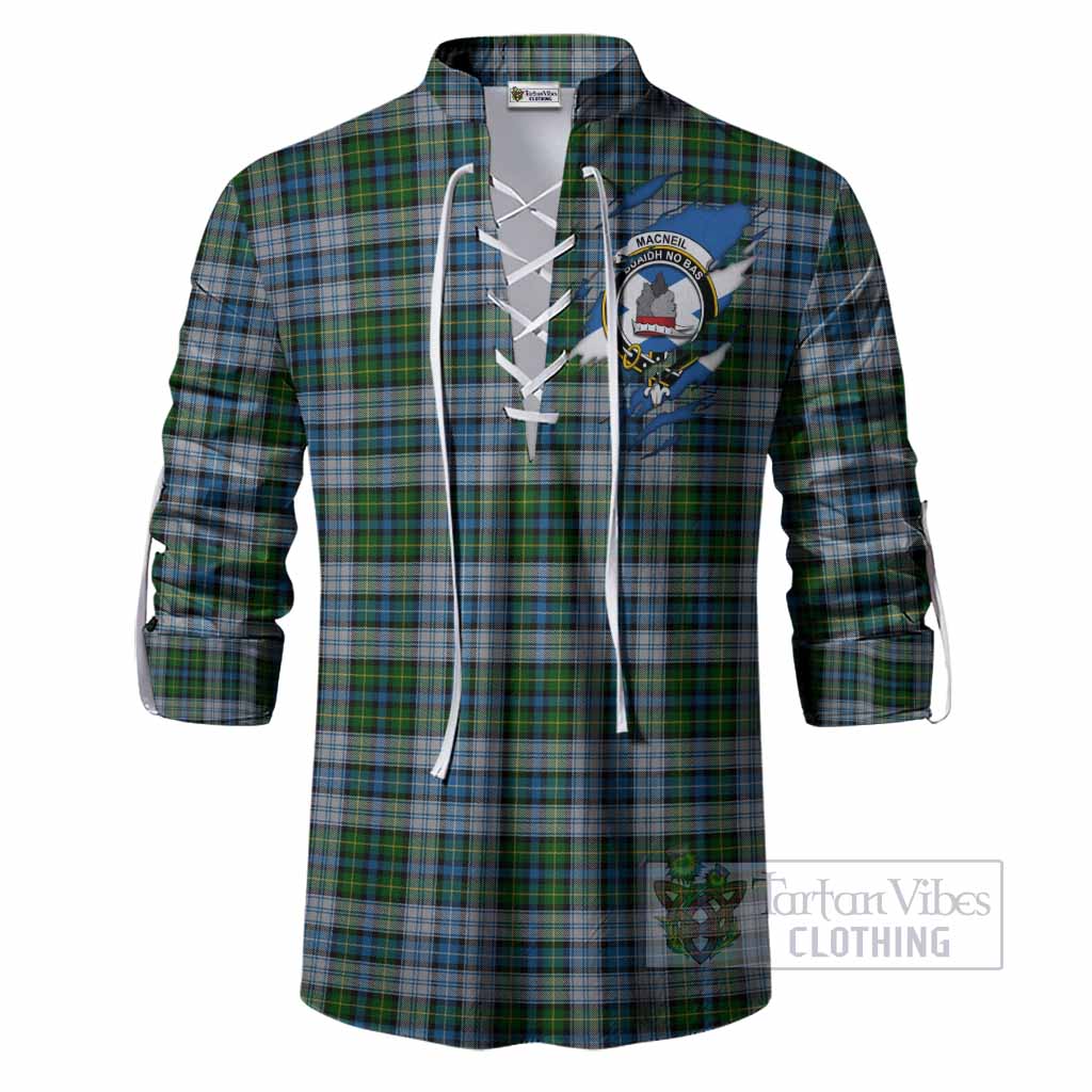 MacNeil (McNeil) Clan Crest In Me Tartan Ghillie Shirt Scotland Flag Style