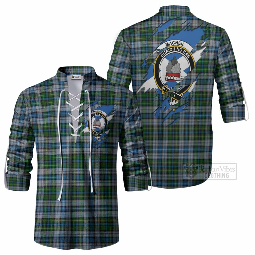 MacNeil (McNeil) Clan Crest In Me Tartan Ghillie Shirt Scotland Flag Style