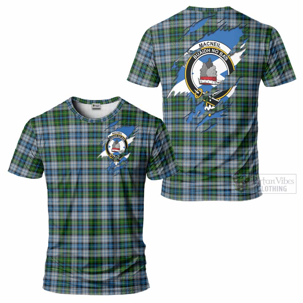 MacNeil (McNeil) Clan Crest In Me Tartan T-Shirt Scotland Flag Style