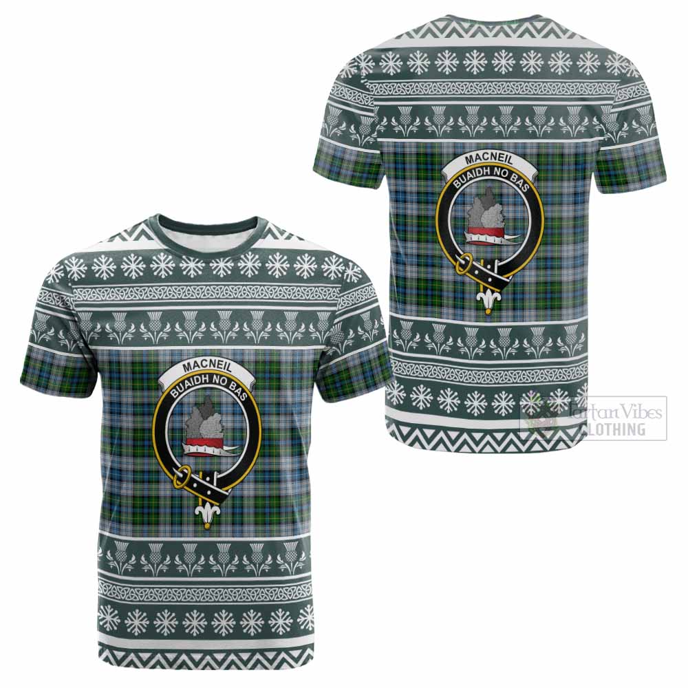 MacNeil (McNeil) Clan Tartan Christmas Cotton T-shirt with Family Crest - Tartan Vibes Clothing