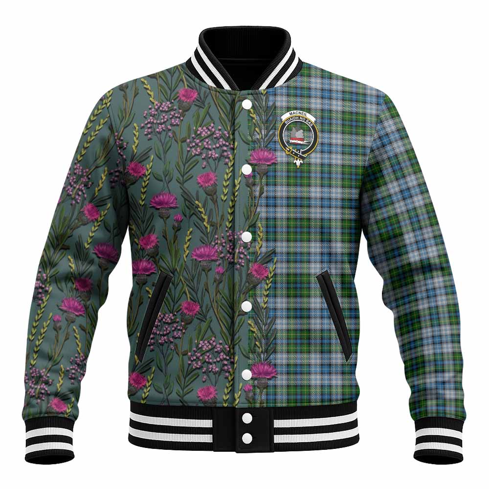 MacNeil (McNeil) Family Crest Tartan Baseball Jacket Scottish Thistle Flower Pattern Half Style - Tartan Vibes Clothing