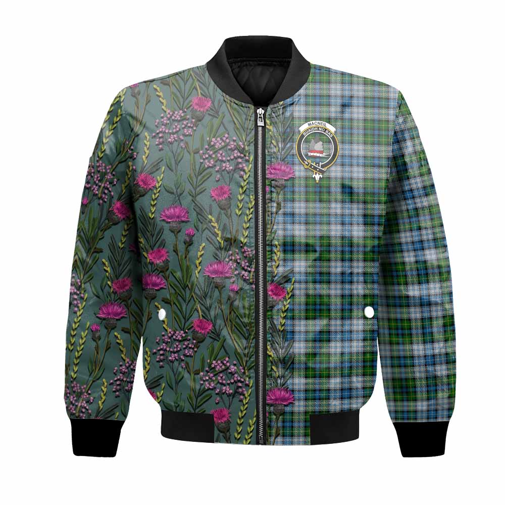 MacNeil (McNeil) Family Crest Tartan Bomber Jacket Scottish Thistle Flower Pattern Half Style - Tartan Vibes Clothing