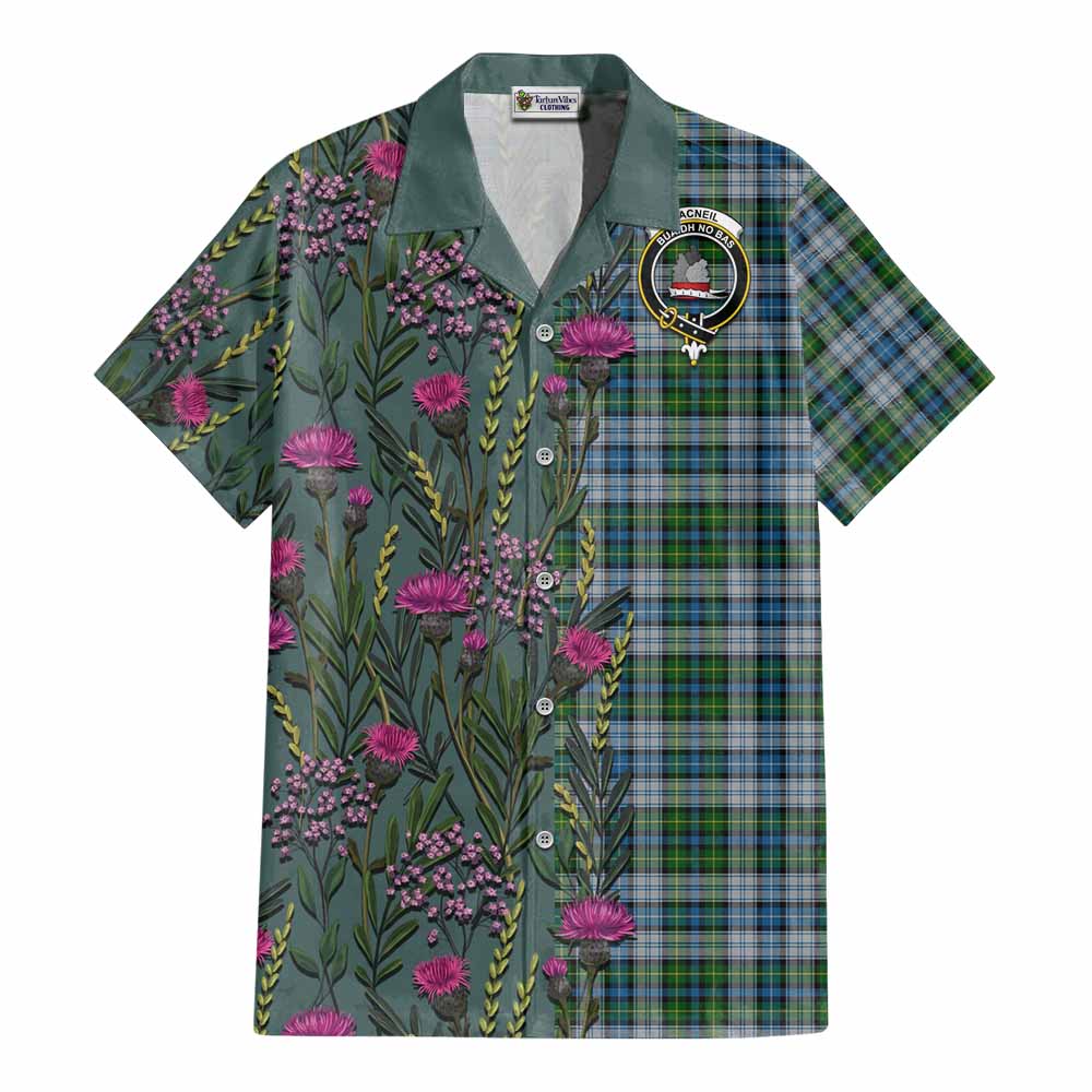 MacNeil (McNeil) Family Crest Tartan Cotton Hawaiian Shirt Scottish Thistle Flower Pattern Half Style - Tartan Vibes Clothing