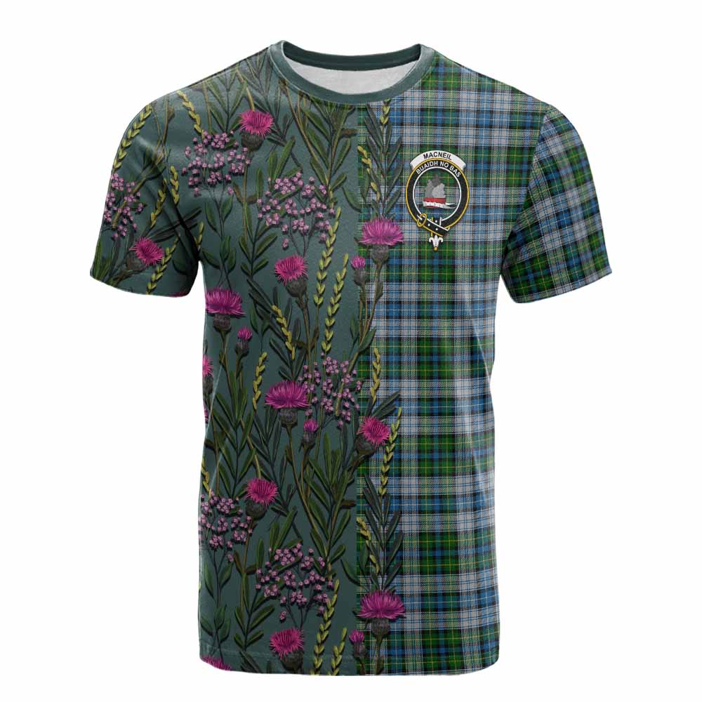 MacNeil (McNeil) Family Crest Tartan Cotton T-shirt Scottish Thistle Flower Pattern Half Style - Tartan Vibes Clothing