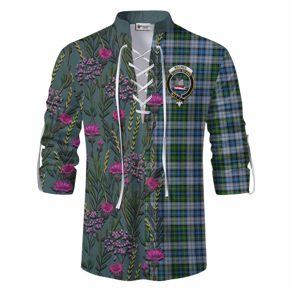 MacNeil (McNeil) Family Crest Tartan Ghillie Shirt Scottish Thistle Flower Pattern Half Style - Tartan Vibes Clothing