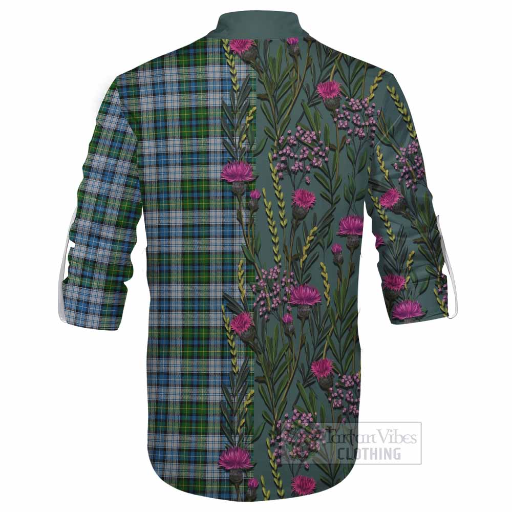 MacNeil (McNeil) Family Crest Tartan Ghillie Shirt Scottish Thistle Flower Pattern Half Style - Tartan Vibes Clothing