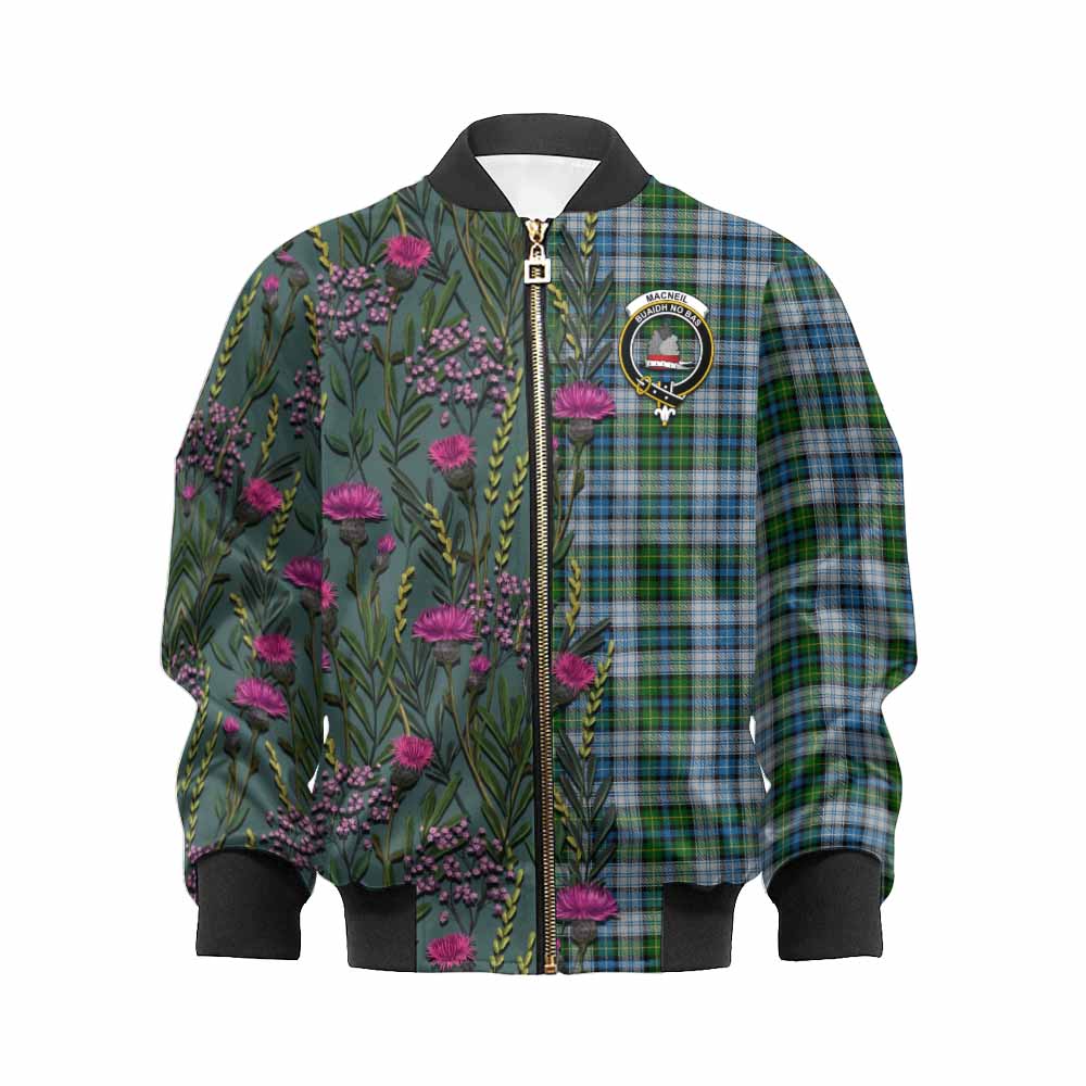MacNeil (McNeil) Family Crest Tartan Kid Bomber Jacket Scottish Thistle Flower Pattern Half Style - Tartan Vibes Clothing