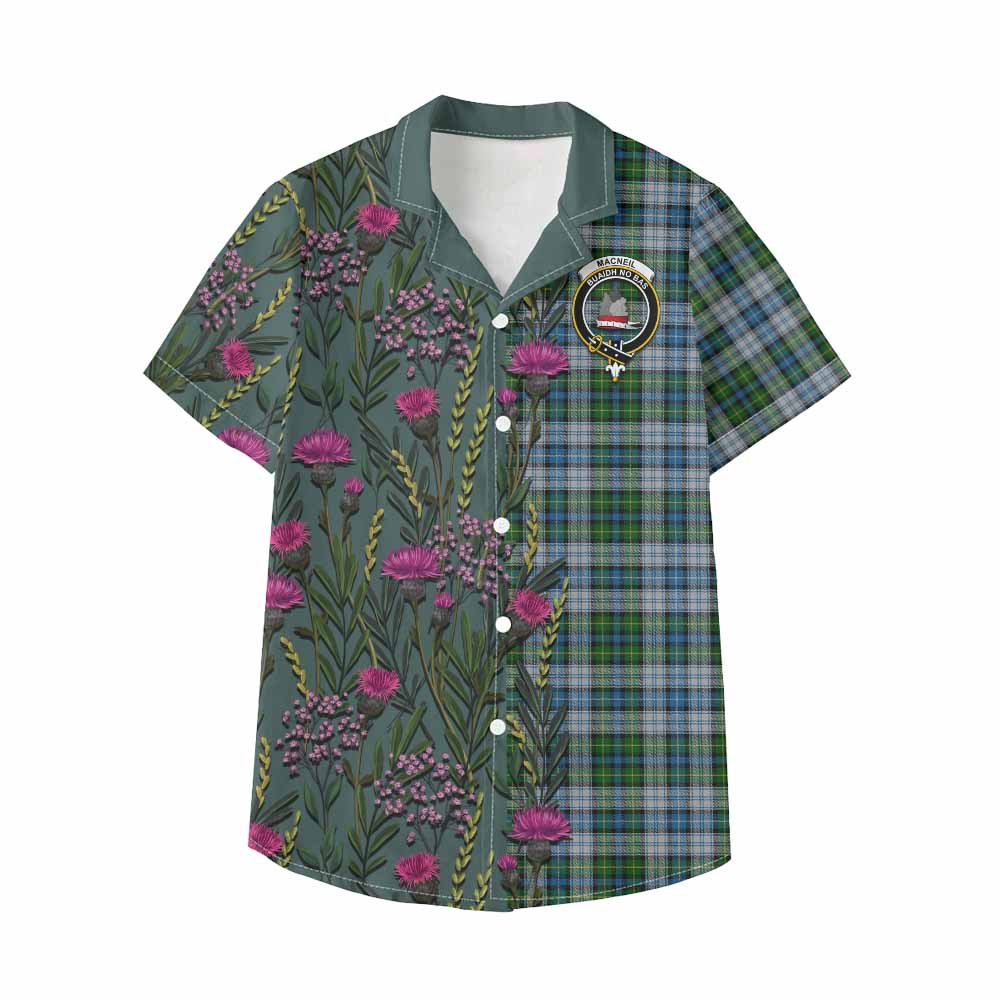 MacNeil (McNeil) Family Crest Tartan Kid Hawaiian Shirt Scottish Thistle Flower Pattern Half Style - Tartan Vibes Clothing