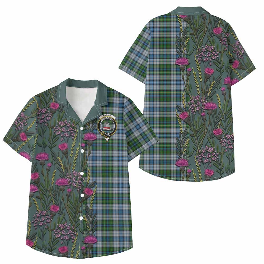MacNeil (McNeil) Family Crest Tartan Kid Hawaiian Shirt Scottish Thistle Flower Pattern Half Style - Tartan Vibes Clothing