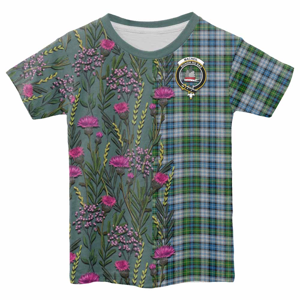 MacNeil (McNeil) Family Crest Tartan Kid T-shirt Scottish Thistle Flower Pattern Half Style - Tartan Vibes Clothing