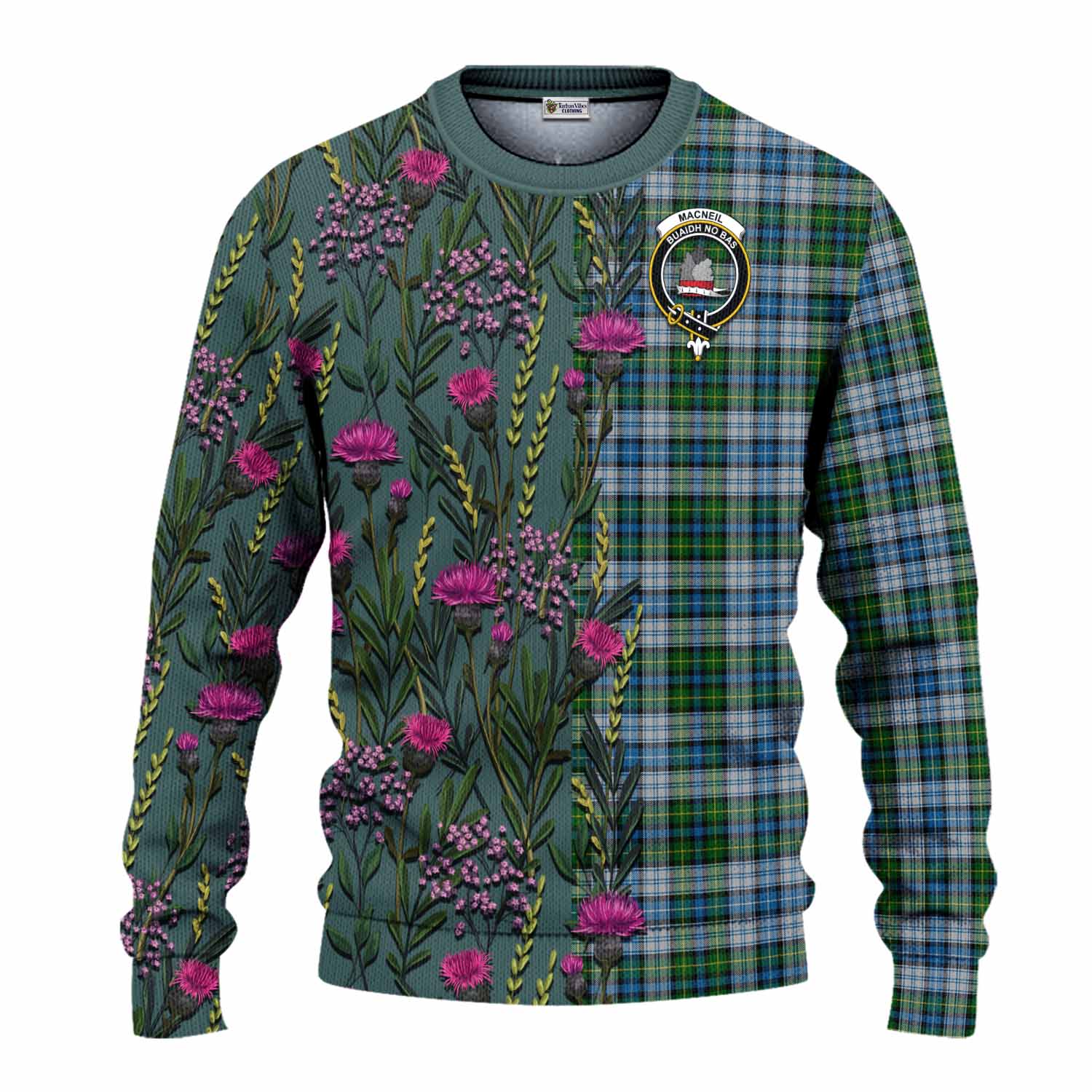 MacNeil (McNeil) Family Crest Tartan Knitted Sweater Scottish Thistle Flower Pattern Half Style - Tartan Vibes Clothing