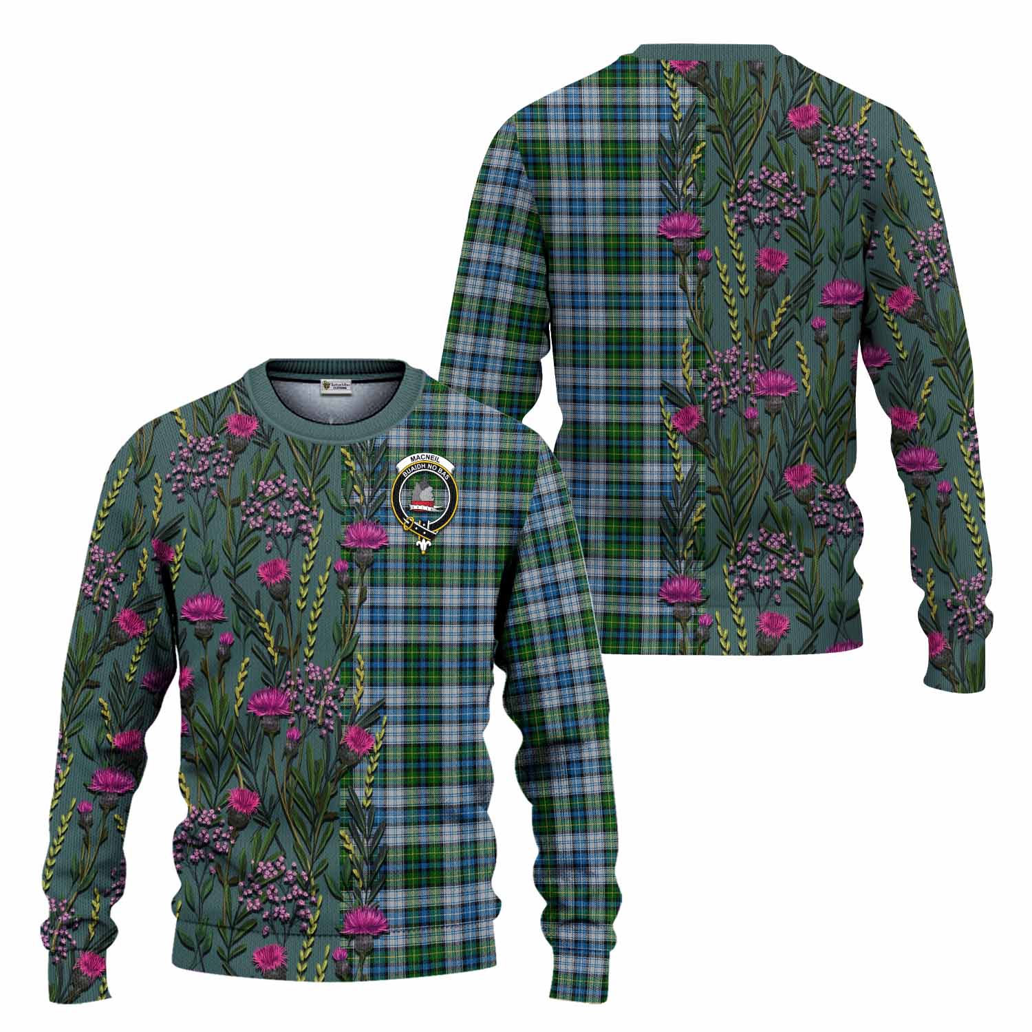 MacNeil (McNeil) Family Crest Tartan Knitted Sweater Scottish Thistle Flower Pattern Half Style - Tartan Vibes Clothing