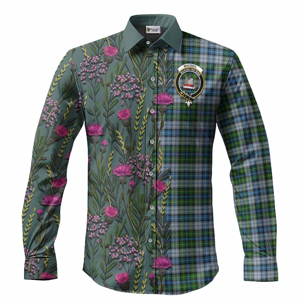 MacNeil (McNeil) Family Crest Tartan Long Sleeve Button Shirts Scottish Thistle Flower Pattern Half Style - Tartan Vibes Clothing